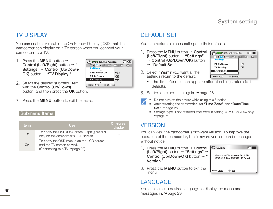 Tv display, Default set, Version | Language, System setting | Samsung SMX-F50SN-XAA User Manual | Page 100 / 127