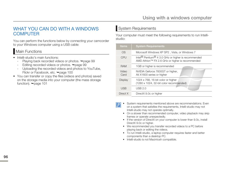 What you can do with a windowscomputer, What you can do with a windows computer, Using with a windows computer | Samsung SMX-F50SN-XAA User Manual | Page 106 / 127