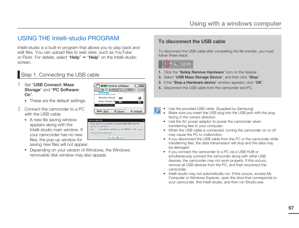 Using the intelli-studio program, Using with a windows computer, Step 1. connecting the usb cable | Samsung SMX-F50SN-XAA User Manual | Page 107 / 127