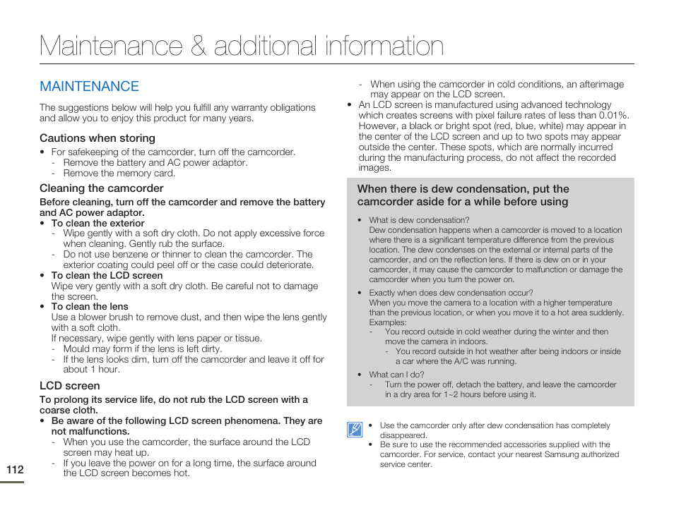 Maintenance & additional information, Maintenance | Samsung SMX-F50SN-XAA User Manual | Page 122 / 127