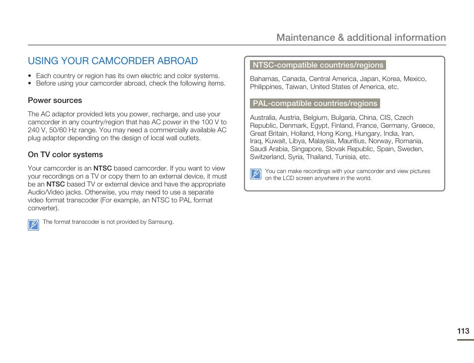 Using your camcorder abroad | Samsung SMX-F50SN-XAA User Manual | Page 123 / 127