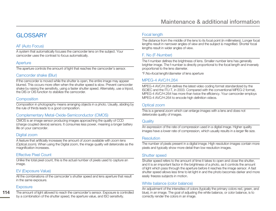 Glossary, Maintenance & additional information glossary | Samsung SMX-F50SN-XAA User Manual | Page 124 / 127