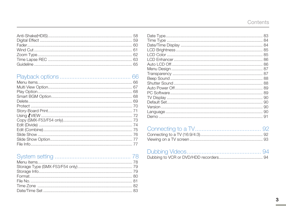 Playback options, System setting, Connecting to a tv | Dubbing videos | Samsung SMX-F50SN-XAA User Manual | Page 13 / 127