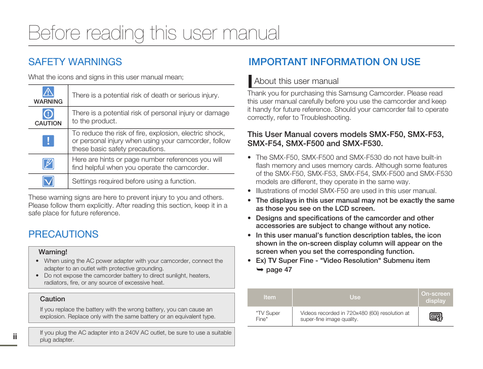 Before reading this user manual, Safety warnings, Precautions | Important information on use | Samsung SMX-F50SN-XAA User Manual | Page 2 / 127