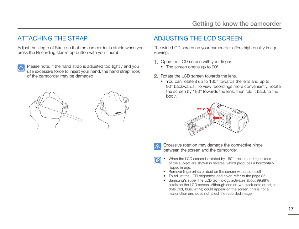 Attaching the strap, Adjusting the lcd screen, Getting to know the camcorder | Samsung SMX-F50SN-XAA User Manual | Page 27 / 127