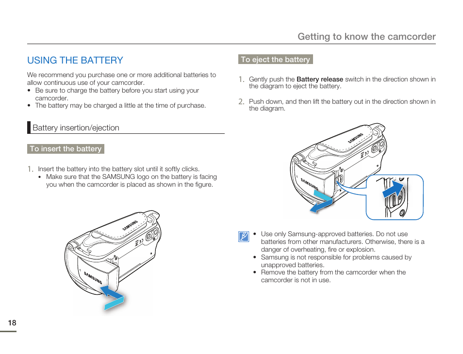 Using the battery, Getting to know the camcorder | Samsung SMX-F50SN-XAA User Manual | Page 28 / 127