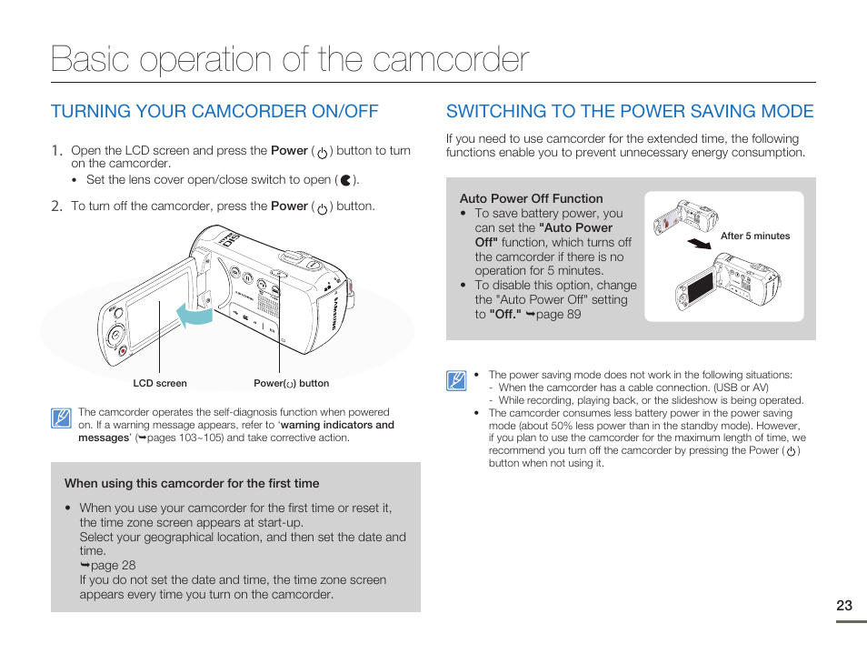 Basic operation of the camcorder, Turning your camcorder on/off, Switching to the power saving mode | Samsung SMX-F50SN-XAA User Manual | Page 33 / 127