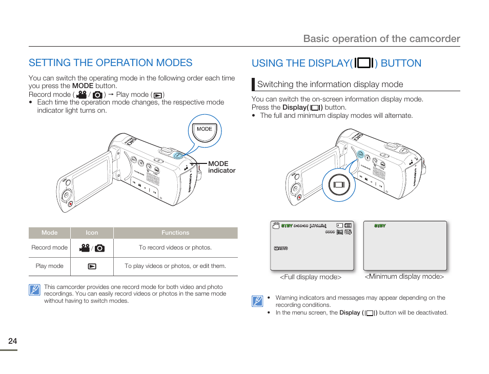 Setting the operation modes, Using the display button, Basic operation of the camcorder | Using the display( ) button | Samsung SMX-F50SN-XAA User Manual | Page 34 / 127