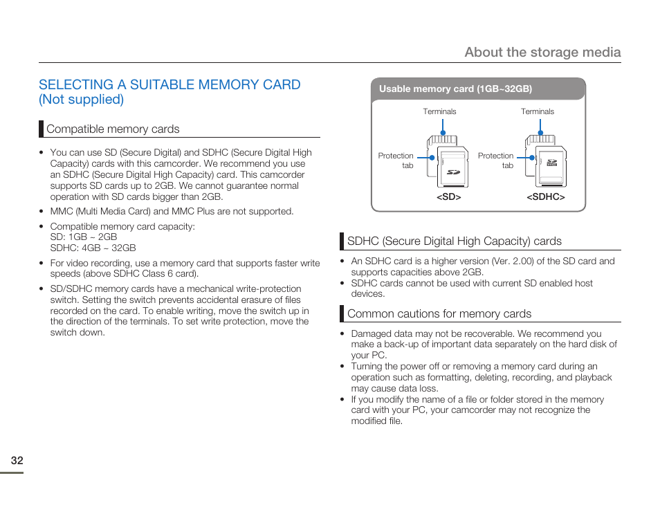 Selecting a suitable memory card(not supplied), About the storage media | Samsung SMX-F50SN-XAA User Manual | Page 42 / 127