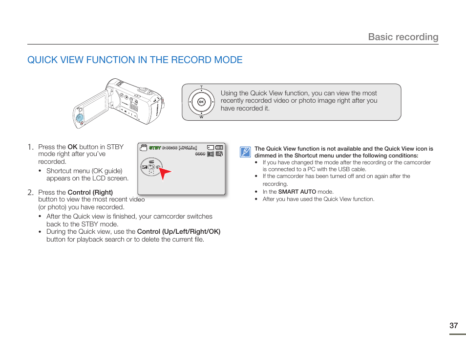 Quick view function in the record mode, Basic recording | Samsung SMX-F50SN-XAA User Manual | Page 47 / 127