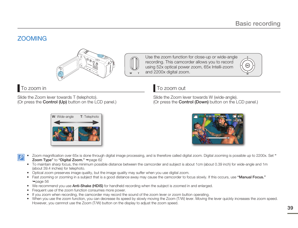 Zooming, Basic recording | Samsung SMX-F50SN-XAA User Manual | Page 49 / 127