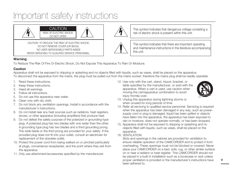 Important safety instructions | Samsung SMX-F50SN-XAA User Manual | Page 5 / 127