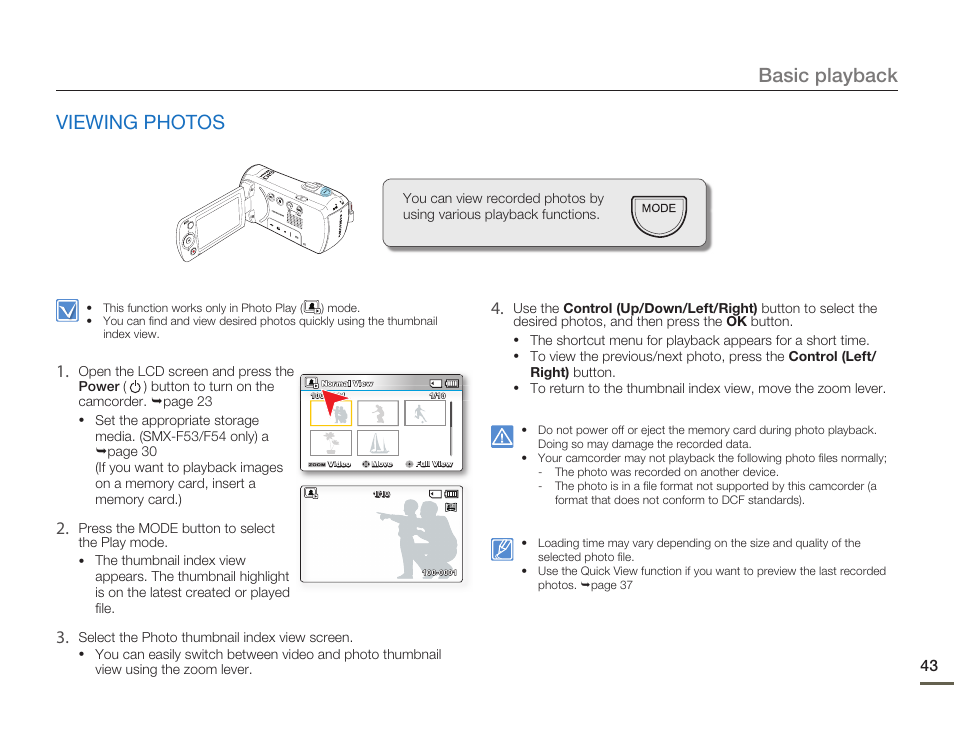 Viewing photos, Basic playback viewing photos | Samsung SMX-F50SN-XAA User Manual | Page 53 / 127