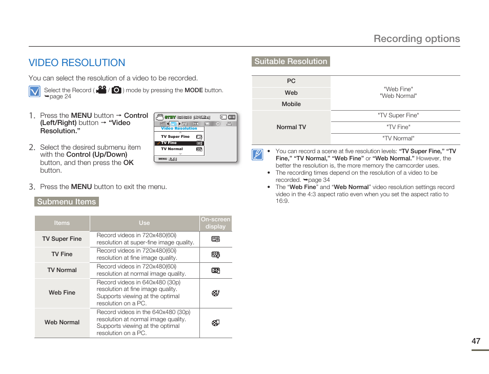 Video resolution, Recording options | Samsung SMX-F50SN-XAA User Manual | Page 57 / 127