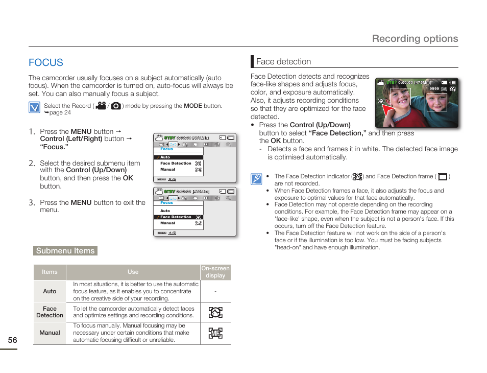 Focus, Recording options, Face detection | Samsung SMX-F50SN-XAA User Manual | Page 66 / 127