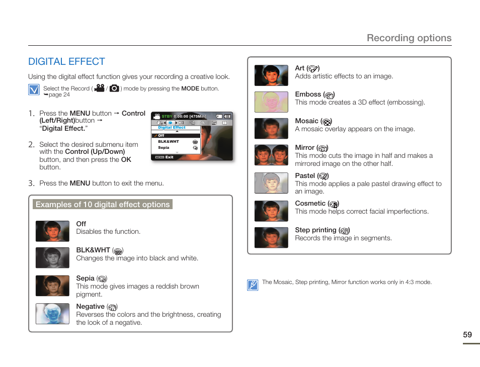 Digital effect, Recording options | Samsung SMX-F50SN-XAA User Manual | Page 69 / 127