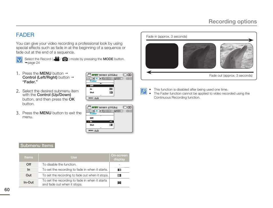 Fader, Recording options | Samsung SMX-F50SN-XAA User Manual | Page 70 / 127