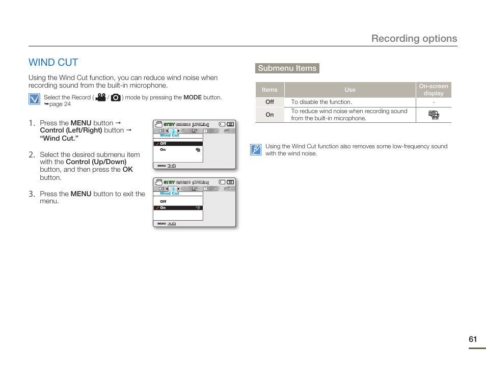 Wind cut, Recording options | Samsung SMX-F50SN-XAA User Manual | Page 71 / 127