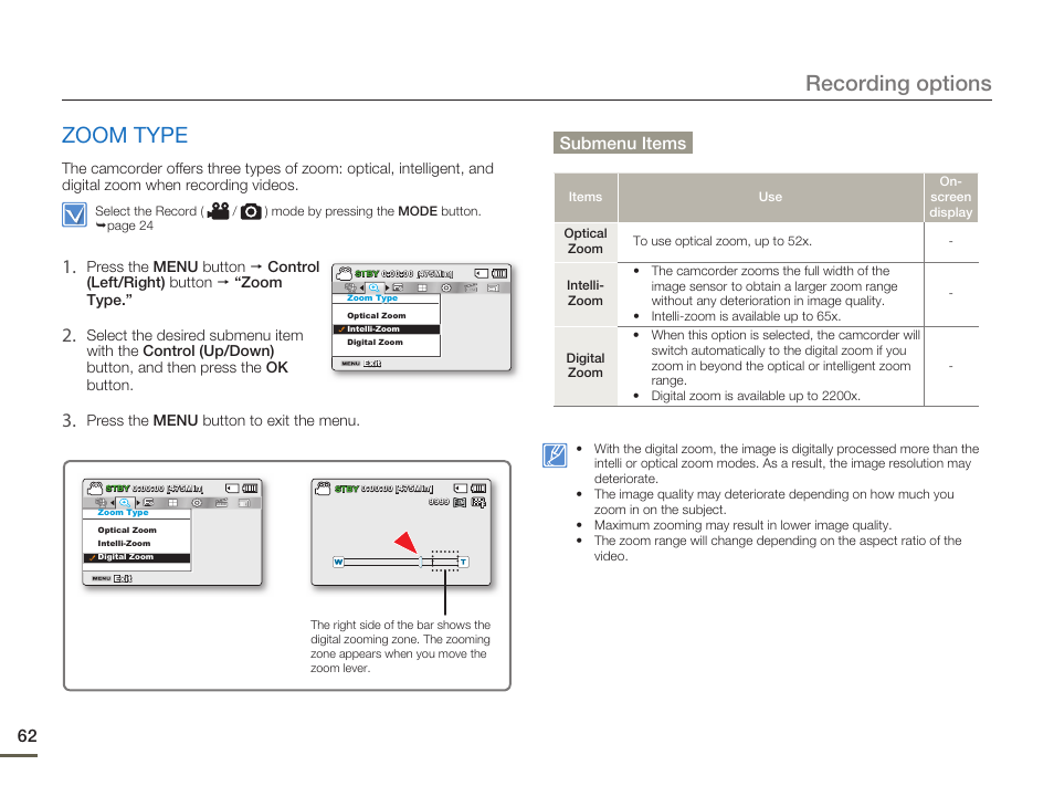 Zoom type, Recording options, Submenu items | Samsung SMX-F50SN-XAA User Manual | Page 72 / 127