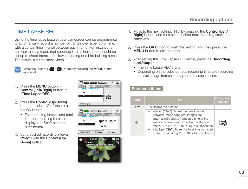 Time lapse rec, Recording options, Submenu items | Samsung SMX-F50SN-XAA User Manual | Page 73 / 127