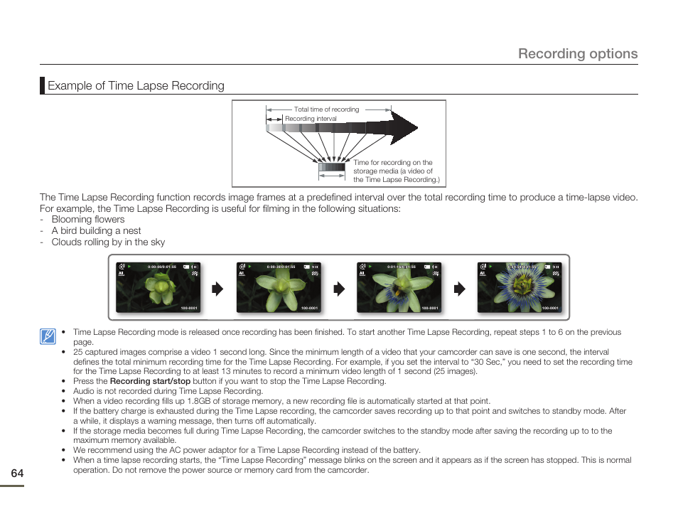 Recording options, Example of time lapse recording, 64 pb | Samsung SMX-F50SN-XAA User Manual | Page 74 / 127