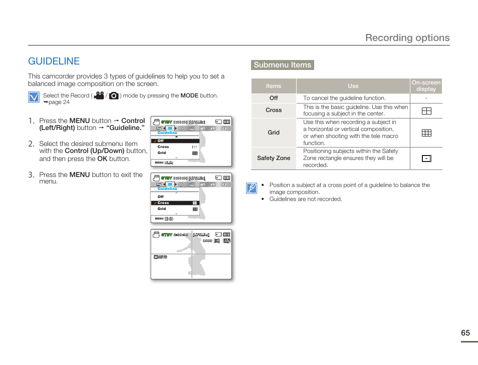 Guideline, Recording options, Pb 6 | Submenu items | Samsung SMX-F50SN-XAA User Manual | Page 75 / 127