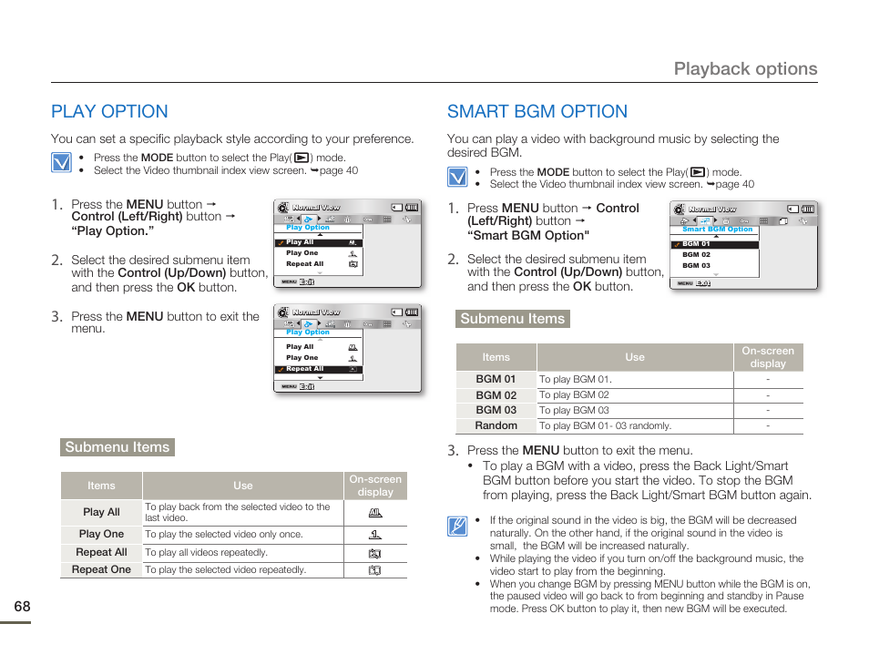 Play option, Smart bgm option, Playback options | Submenu items | Samsung SMX-F50SN-XAA User Manual | Page 78 / 127