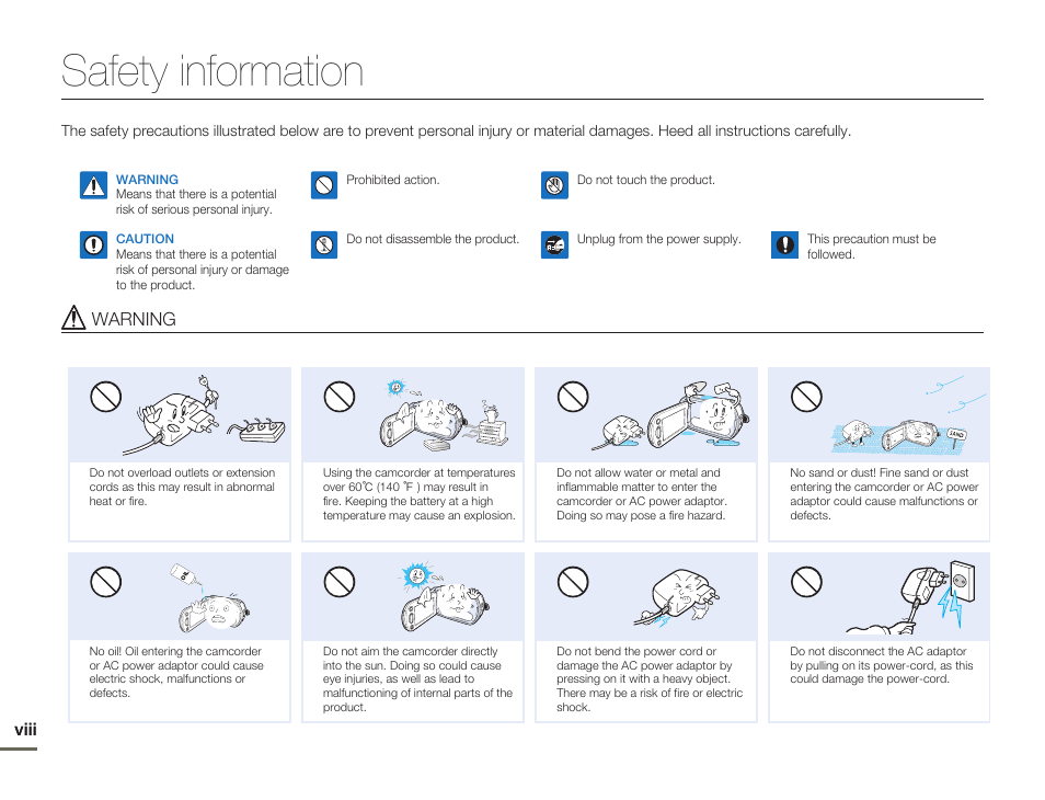 Safety information, Warning | Samsung SMX-F50SN-XAA User Manual | Page 8 / 127