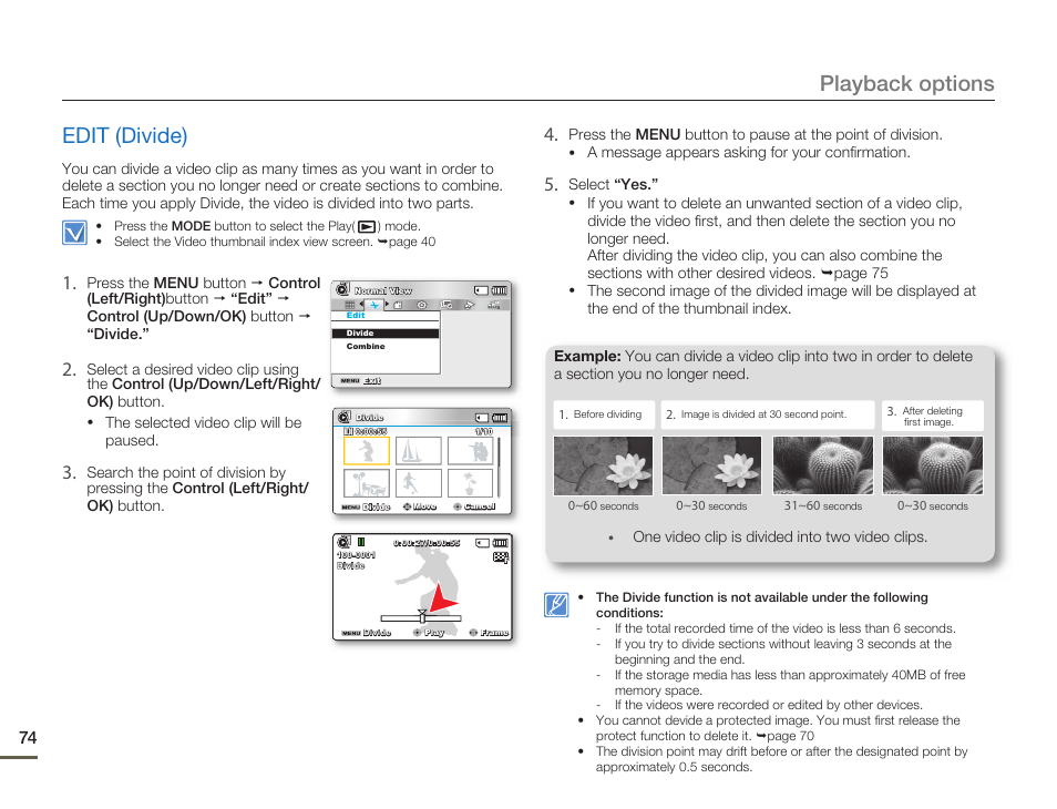 Edit (divide), Playback options edit (divide) | Samsung SMX-F50SN-XAA User Manual | Page 84 / 127