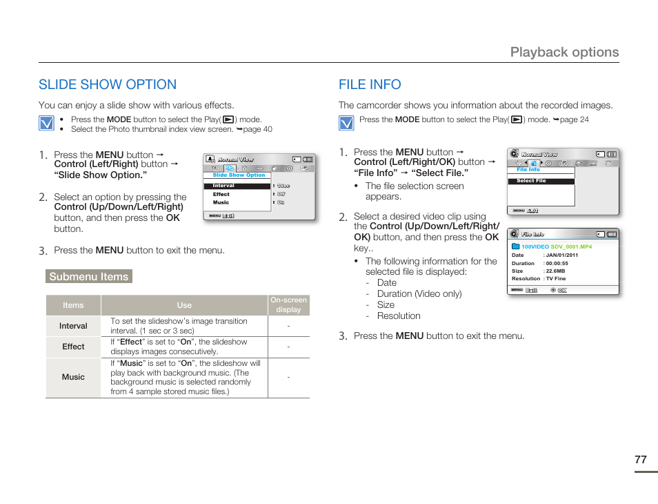 Slide show option, File info, Playback options | Samsung SMX-F50SN-XAA User Manual | Page 87 / 127