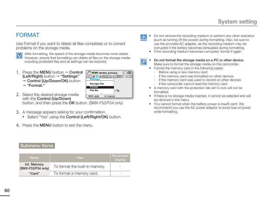 Format, System setting | Samsung SMX-F50SN-XAA User Manual | Page 90 / 127