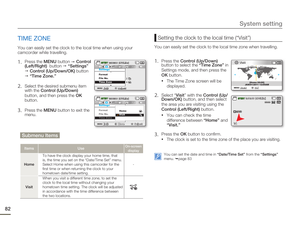 Time zone, System setting time zone, Setting the clock to the local time (“visit”) | Submenu items | Samsung SMX-F50SN-XAA User Manual | Page 92 / 127