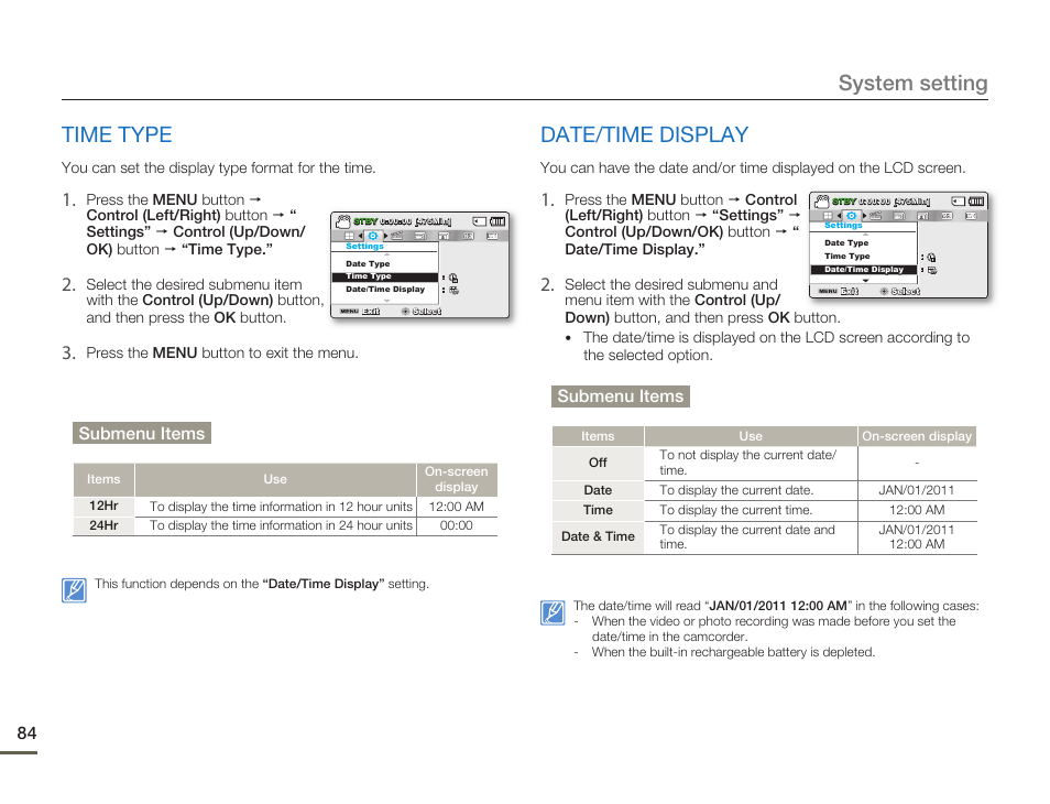 Time type, Date/time display, System setting | Submenu items | Samsung SMX-F50SN-XAA User Manual | Page 94 / 127