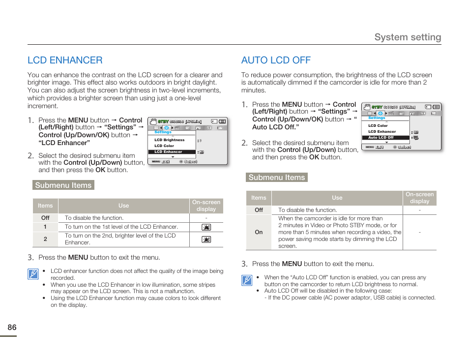 Lcd enhancer, Auto lcd off, System setting | Submenu items | Samsung SMX-F50SN-XAA User Manual | Page 96 / 127