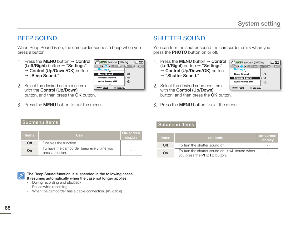 Beep sound, Shutter sound, System setting | Samsung SMX-F50SN-XAA User Manual | Page 98 / 127