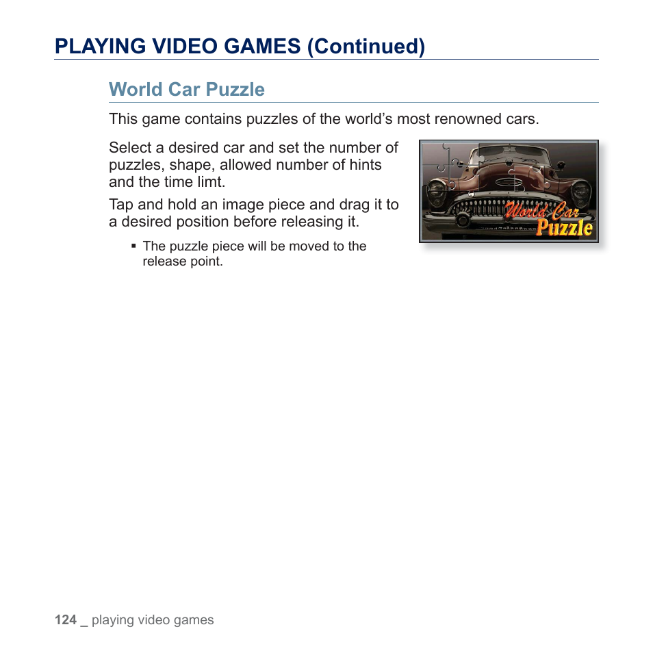 Playing video games (continued), World car puzzle | Samsung YP-P3JES-XAA User Manual | Page 124 / 147