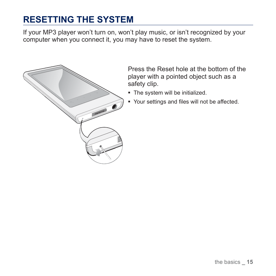 Resetting the system | Samsung YP-P3JES-XAA User Manual | Page 15 / 147