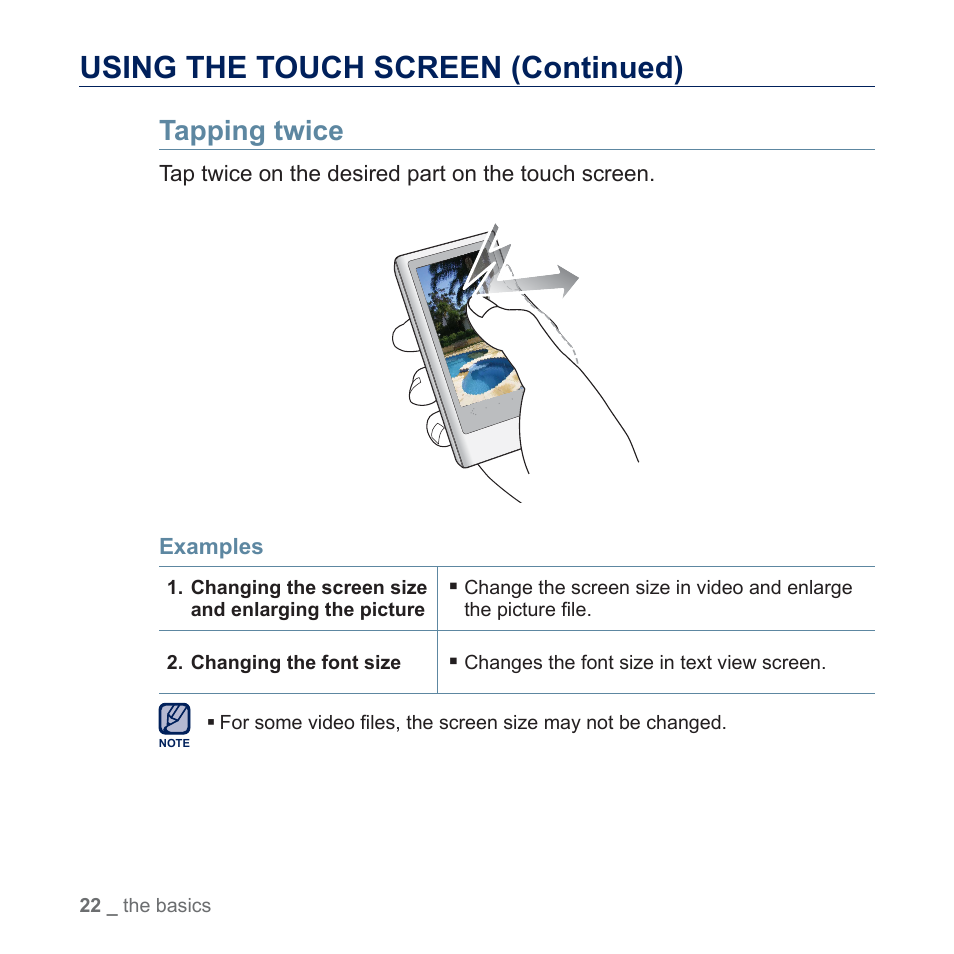 Using the touch screen (continued), Tapping twice | Samsung YP-P3JES-XAA User Manual | Page 22 / 147