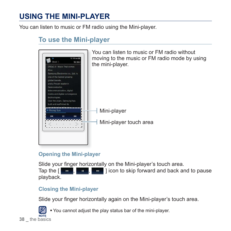 Using the mini-player | Samsung YP-P3JES-XAA User Manual | Page 38 / 147