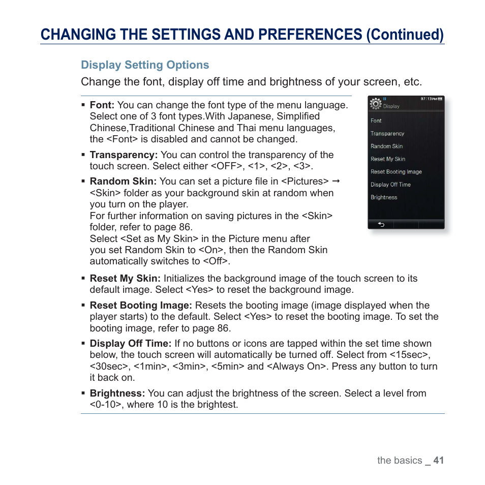 Display setting options, Changing the settings and preferences (continued) | Samsung YP-P3JES-XAA User Manual | Page 41 / 147