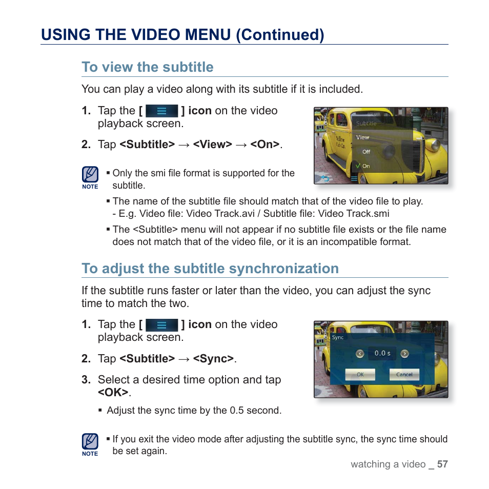 Using the video menu (continued) | Samsung YP-P3JES-XAA User Manual | Page 57 / 147