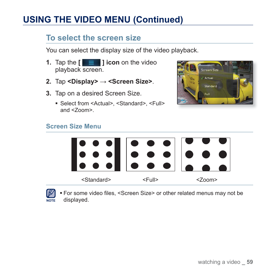 Using the video menu (continued) | Samsung YP-P3JES-XAA User Manual | Page 59 / 147