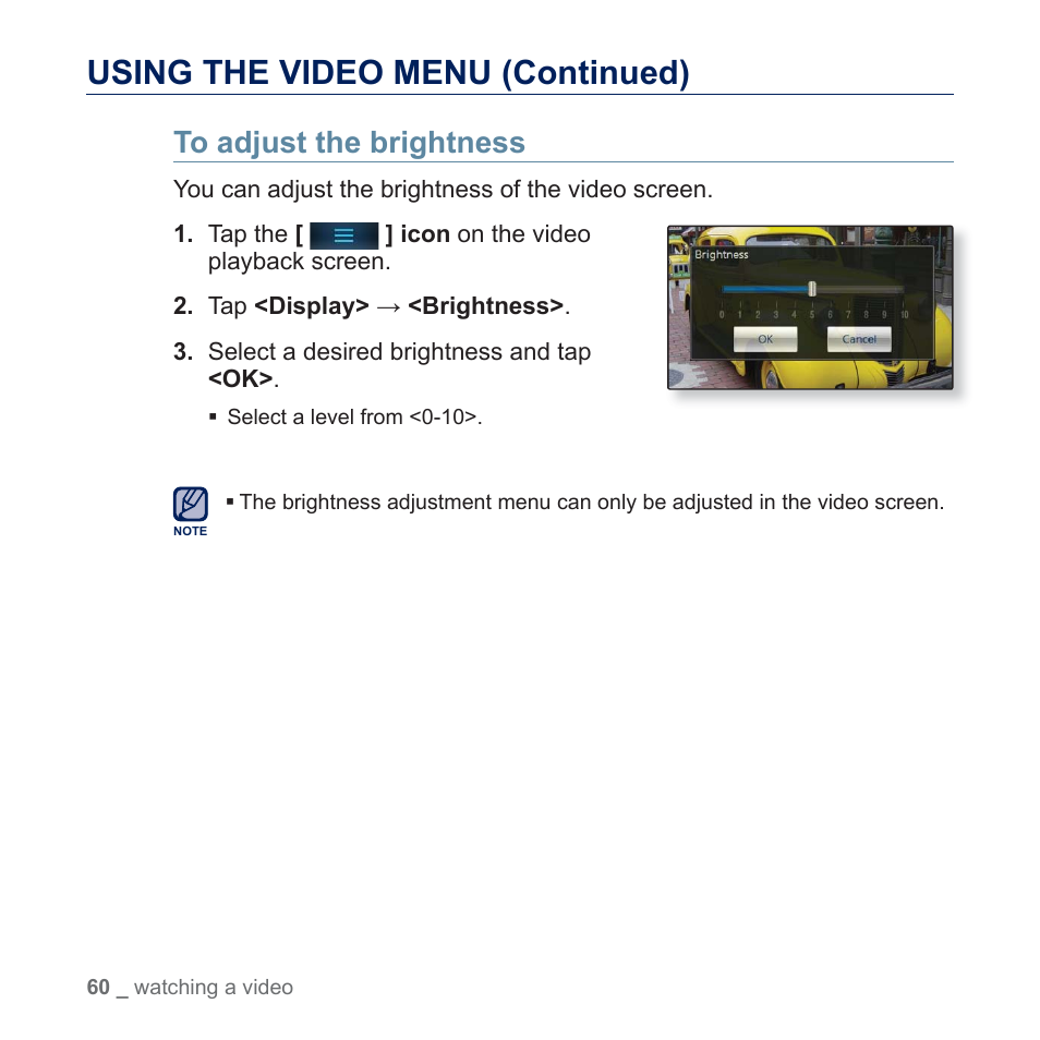 Using the video menu (continued) | Samsung YP-P3JES-XAA User Manual | Page 60 / 147