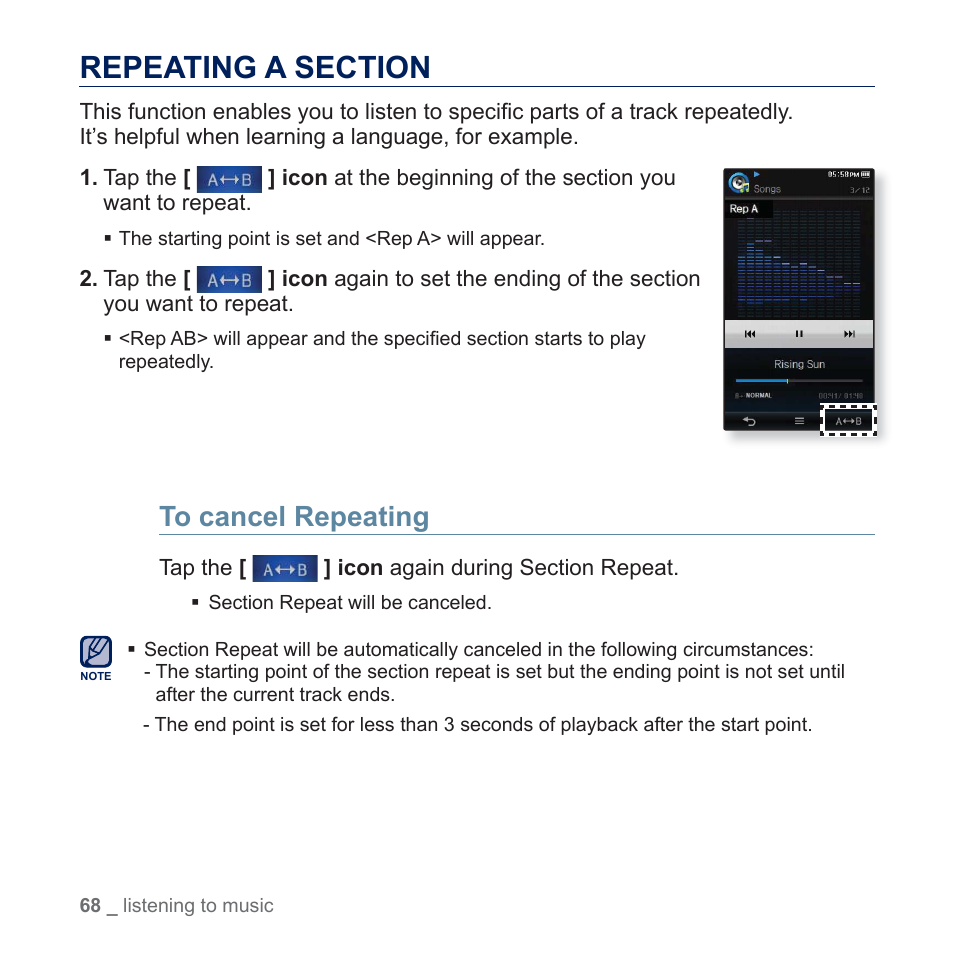 Repeating a section | Samsung YP-P3JES-XAA User Manual | Page 68 / 147