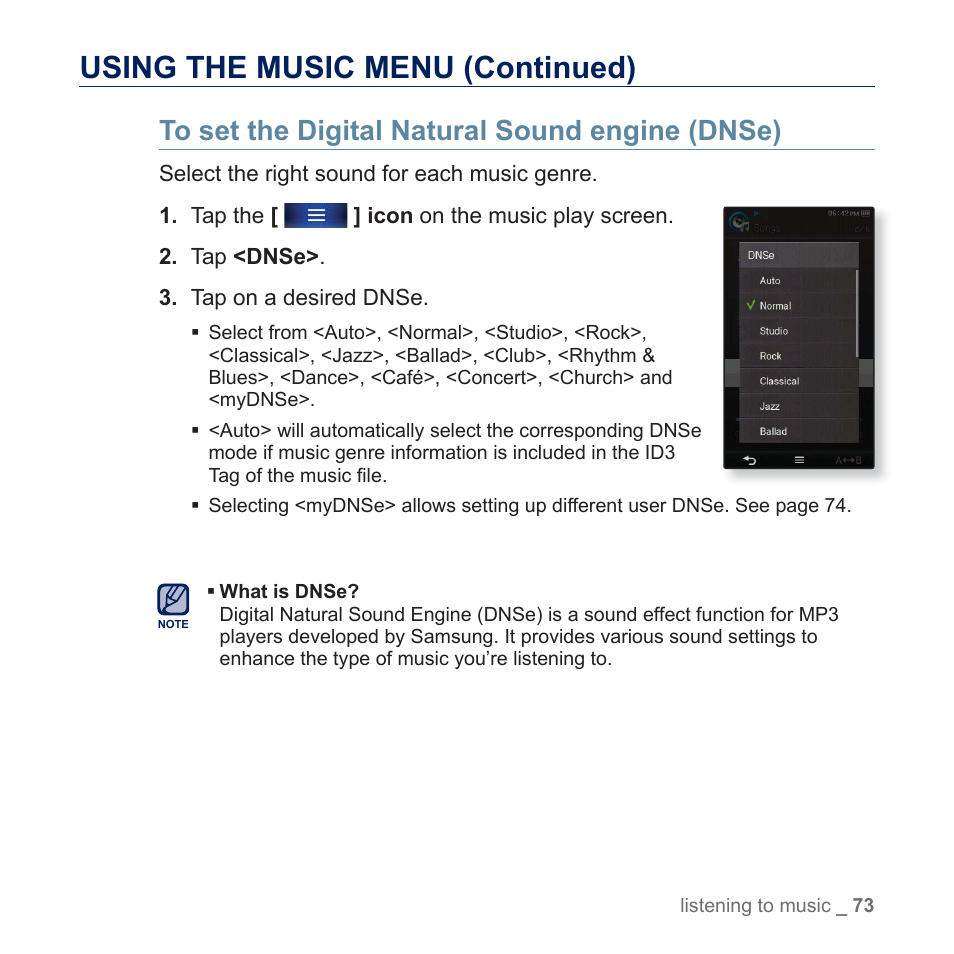 Using the music menu (continued) | Samsung YP-P3JES-XAA User Manual | Page 73 / 147