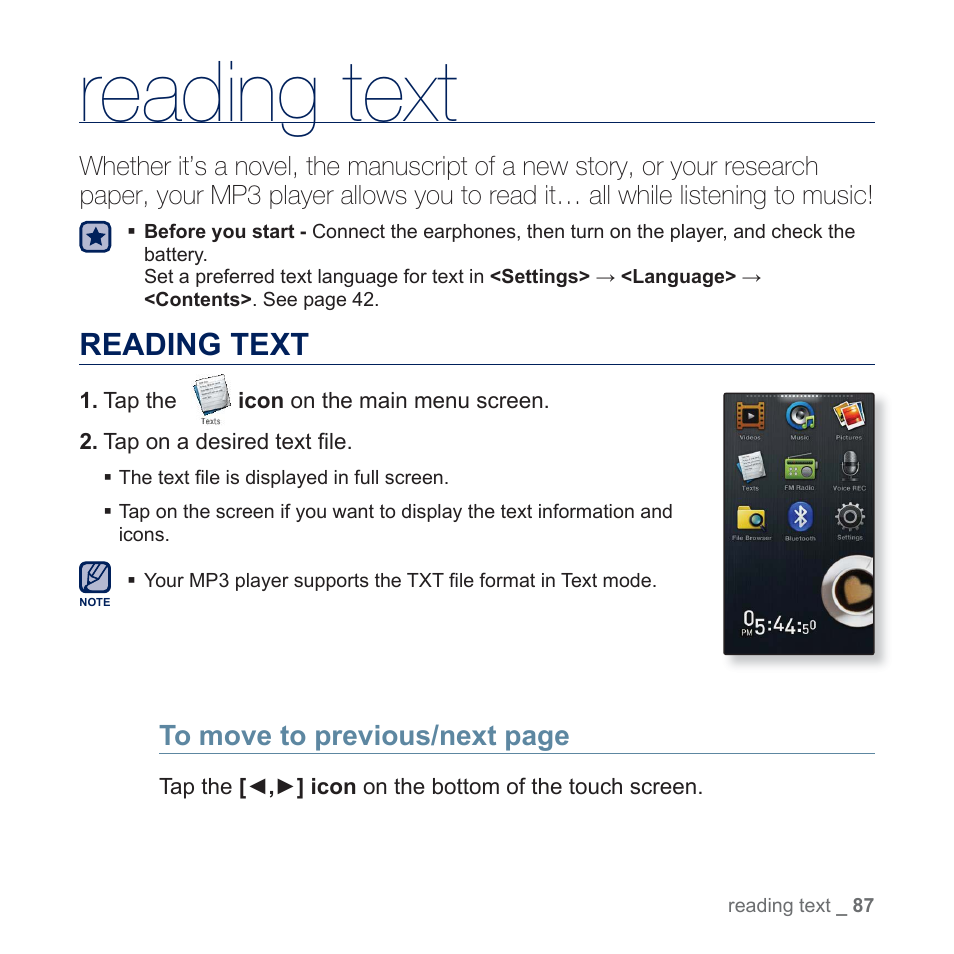 Reading text | Samsung YP-P3JES-XAA User Manual | Page 87 / 147