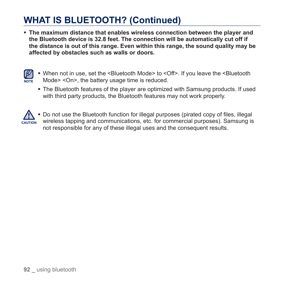 What is bluetooth? (continued) | Samsung YP-P3JES-XAA User Manual | Page 92 / 147