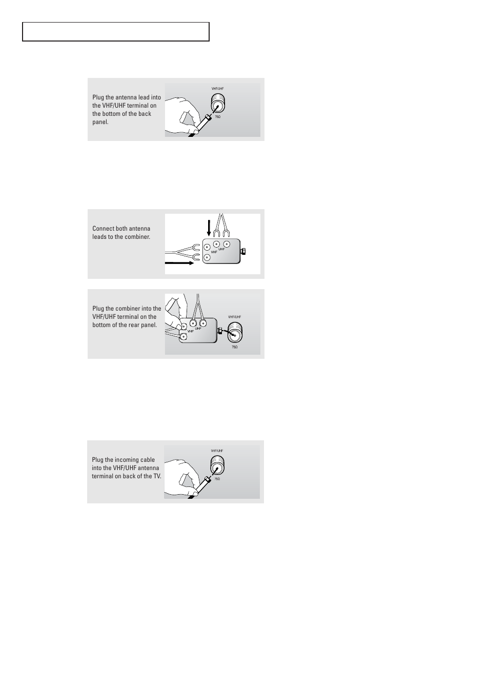 Antennas with 75-ohm round leads, Separate vhf and uhf antennas, Connecting cable tv | Cable without a cable box | Samsung TXR2728GX-XAC User Manual | Page 12 / 62