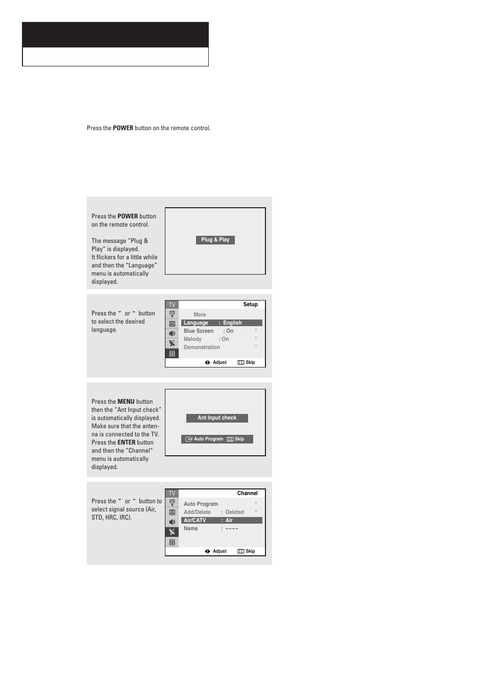 Chapter three : operation, Turning the tv on and off, Plug & play feature | Samsung TXR2728GX-XAC User Manual | Page 20 / 62