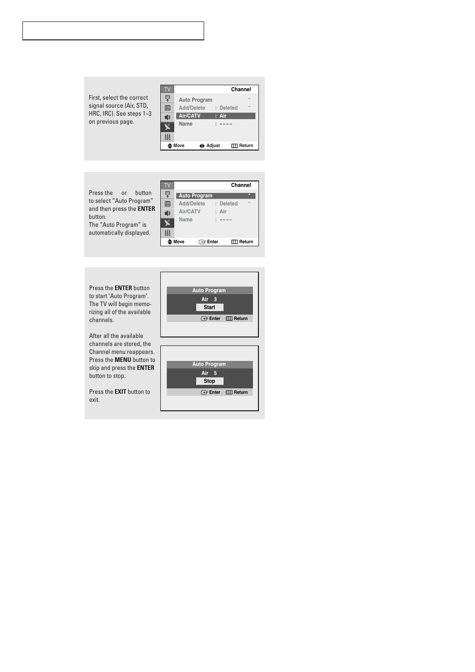 Storing channels in memory (automatic method) | Samsung TXR2728GX-XAC User Manual | Page 25 / 62